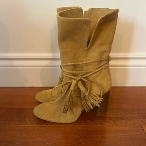 Gorgeous Zara Tan Suede Tassel Wrap Heeled Mid-Calf Boots❤️8.5